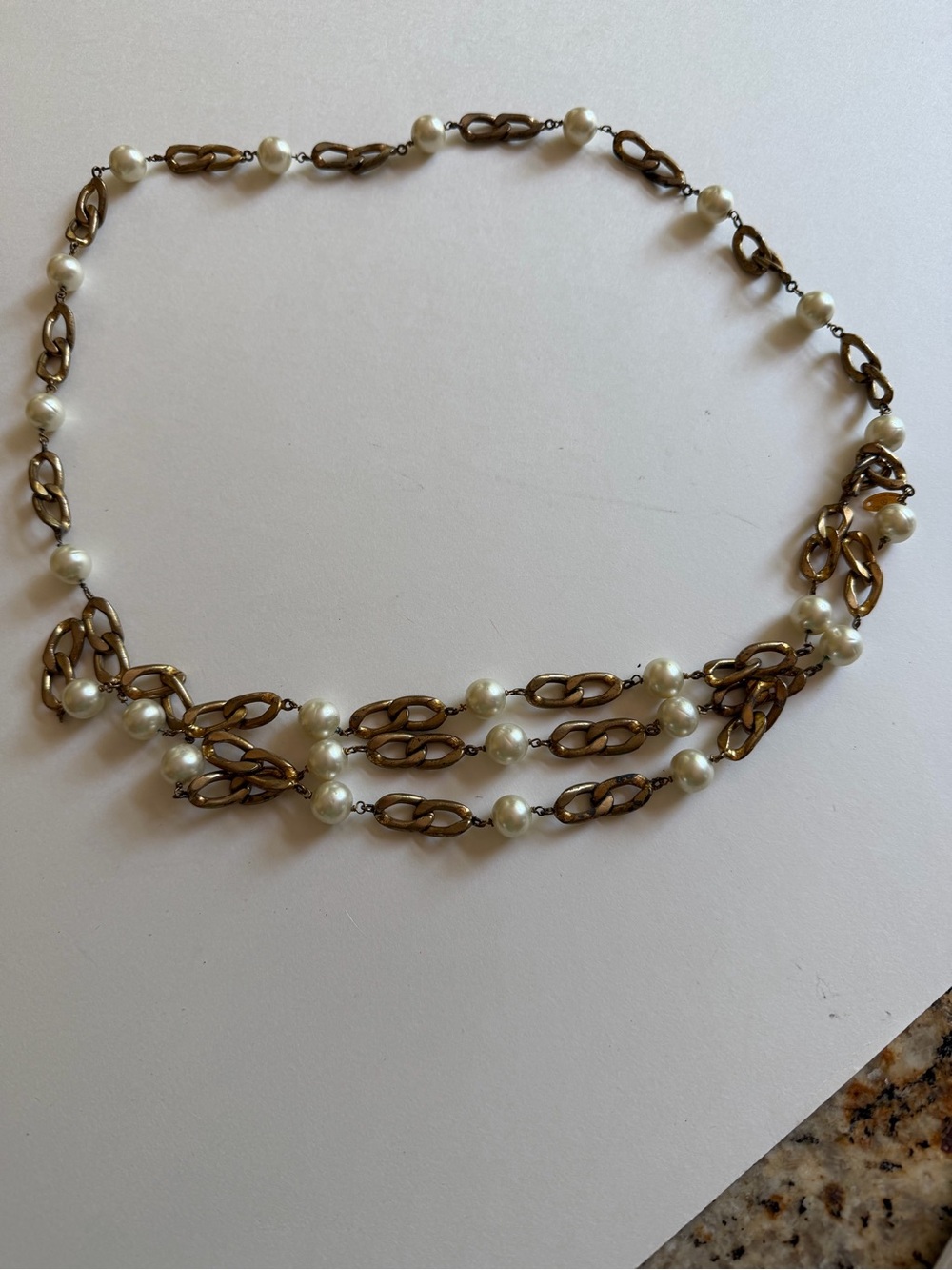 Authentic Vintage CHANEL Gold Tone Chain & Faux Pearl Belt 35” Made in France
